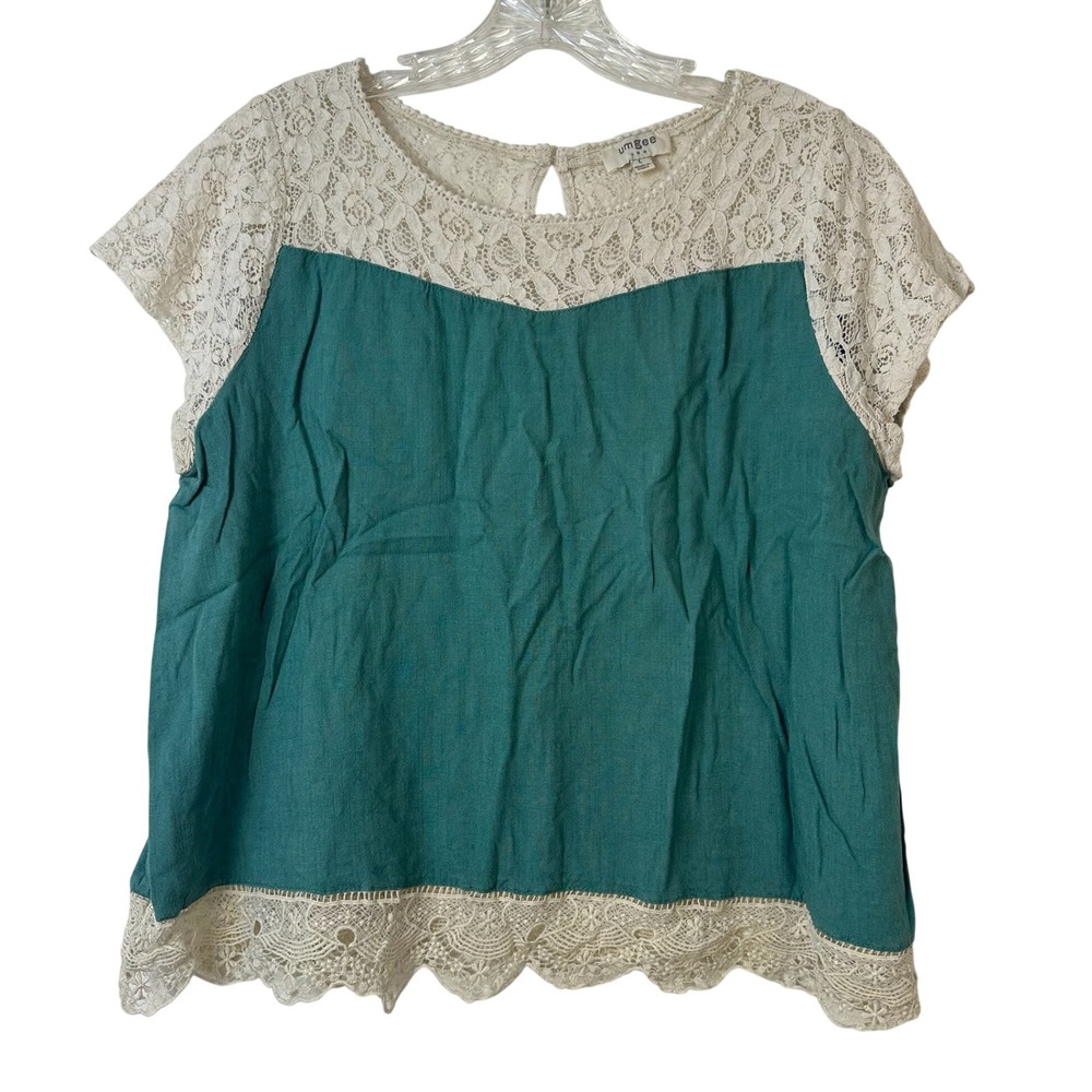 Umgee USA Teal Linen‎ Blend Lace Trim Boho Top Short Sleeve Keyhole Back Large